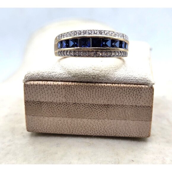 Ring 14K Yellow Gold Over 925 Stamped Princess Lab Created Sapphire & Cubic Zirc - Picture 2 of 7